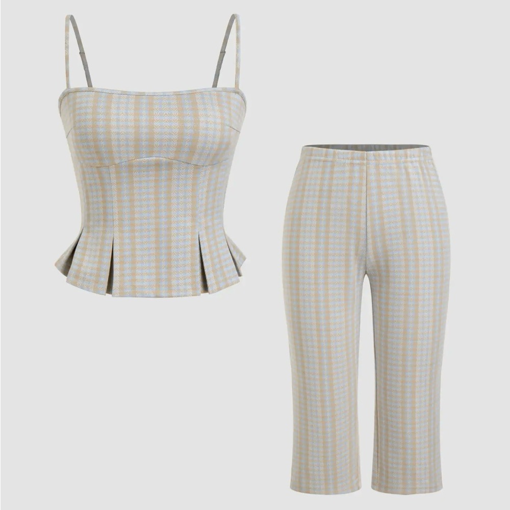 Two-Piece Spaghetti Strap Top & Cropped Pants Set - Blue & Beige Houndstooth
